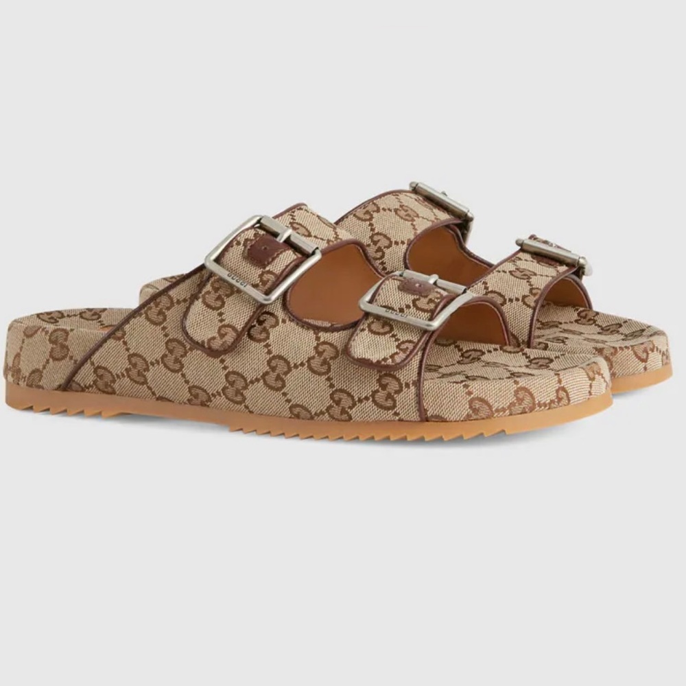 Beige Gucci mens slide sandals with strapes gg canvas size 8 mens 40